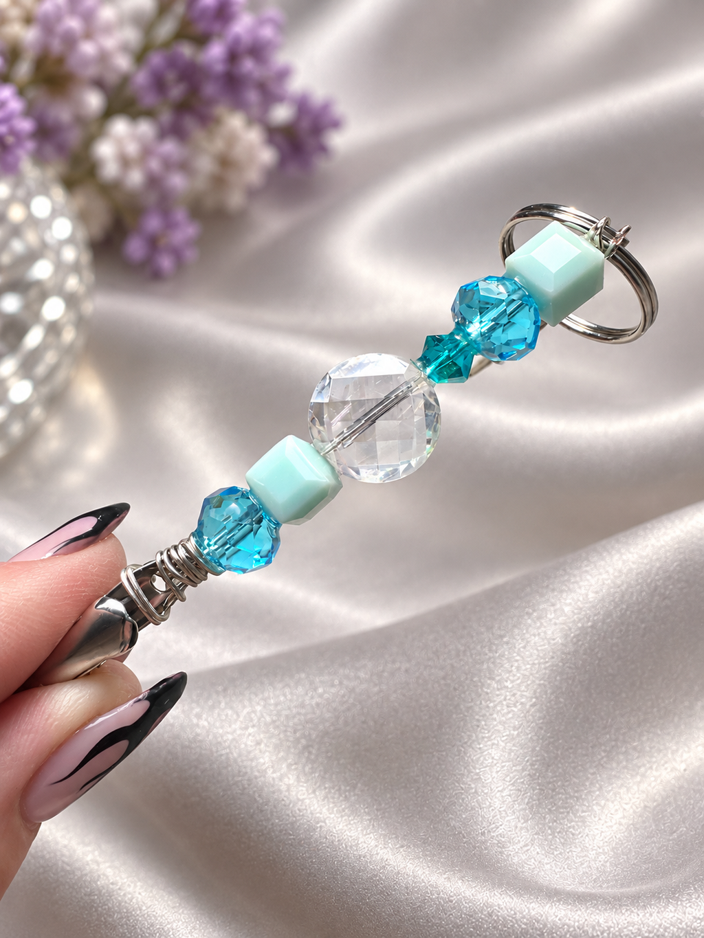 Luxury Swarovski Crystal Accent ATM Card Clip, Aqua Glass Beaded Card Grabber, Long Nail Helper, Handmade Keychain Gift