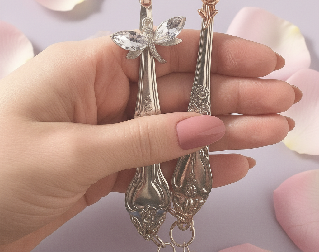 Hand holding two decorative silver spoons card clips
with intricate designs on a light purple background