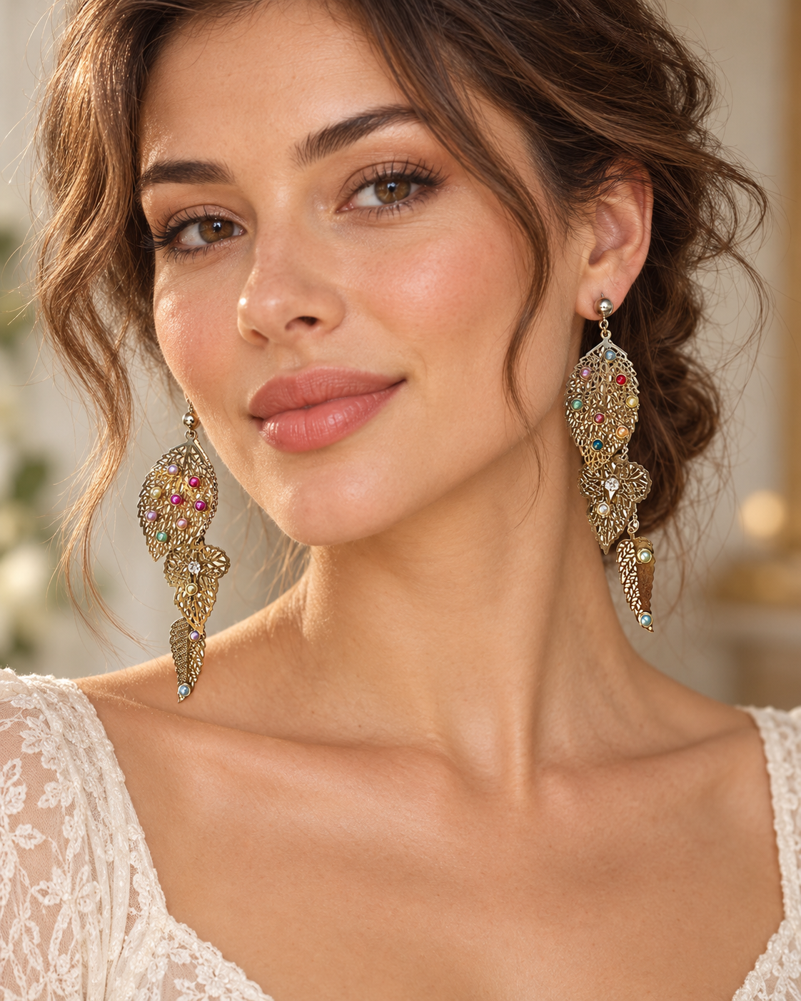 Vintage Gold Tone Leaf Earrings, dainty cute earrings Handmade Pearl Statement Earrings, Upcycled Filigree Dangle One of a Kind