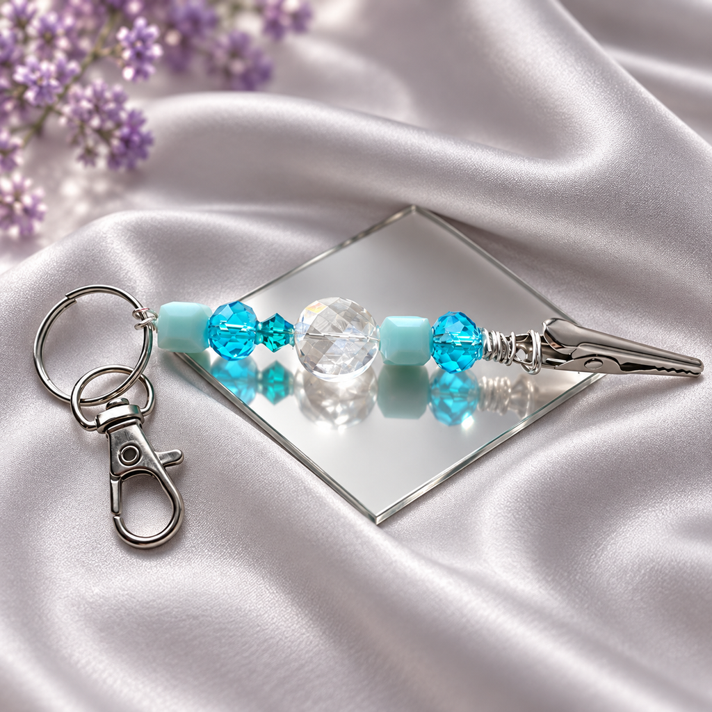 Luxury Swarovski Crystal Accent ATM Card Clip, Aqua Glass Beaded Card Grabber, Long Nail Helper, Handmade Keychain Gift