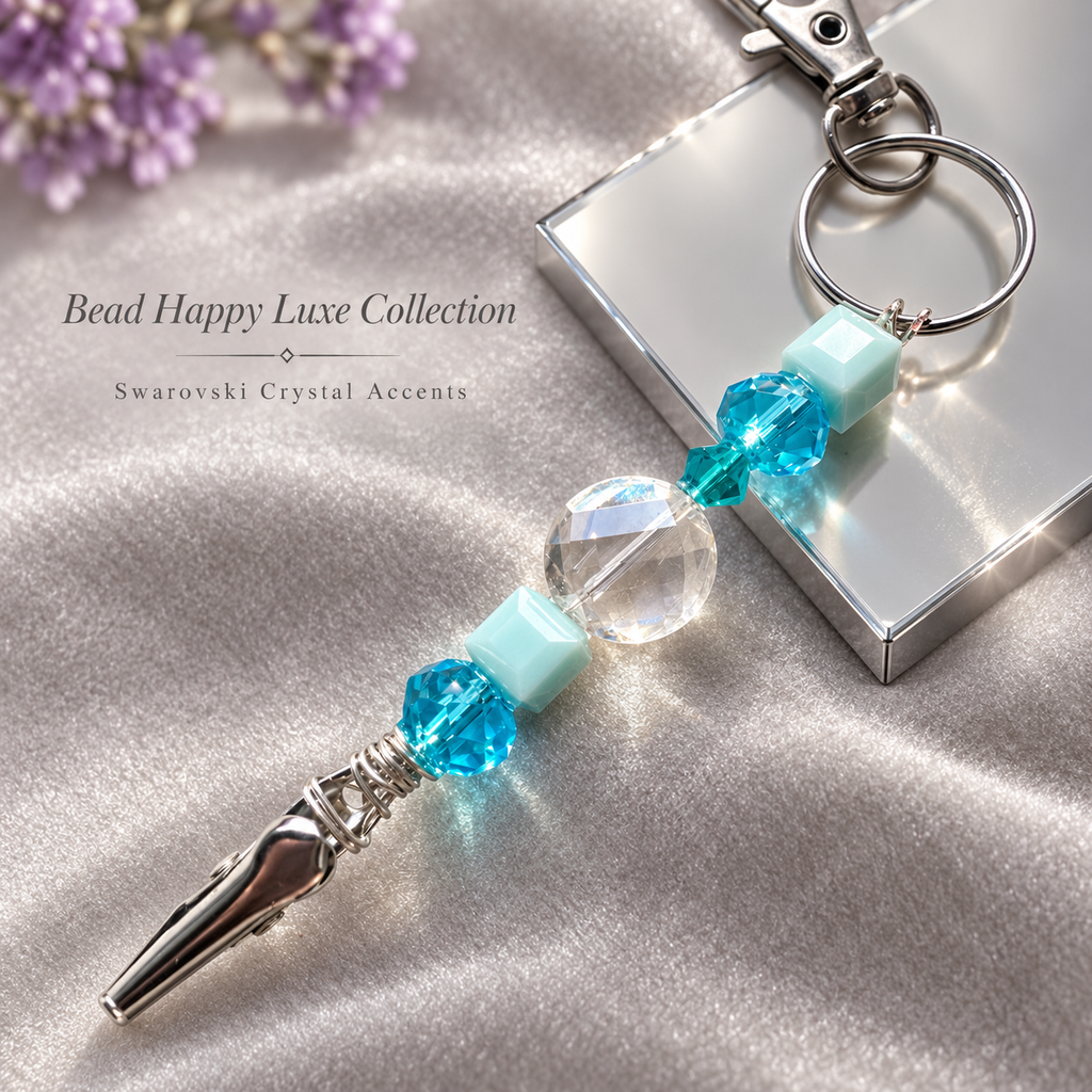 Luxury Swarovski Crystal Accent ATM Card Clip, Aqua Glass Beaded Card Grabber, Long Nail Helper, Handmade Keychain Gift