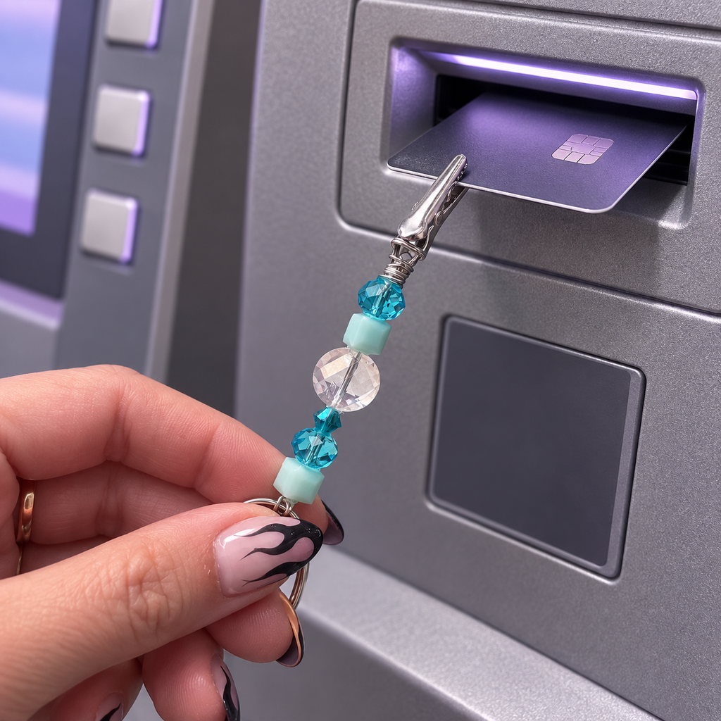 Luxury Swarovski Crystal Accent ATM Card Clip, Aqua Glass Beaded Card Grabber, Long Nail Helper, Handmade Keychain Gift