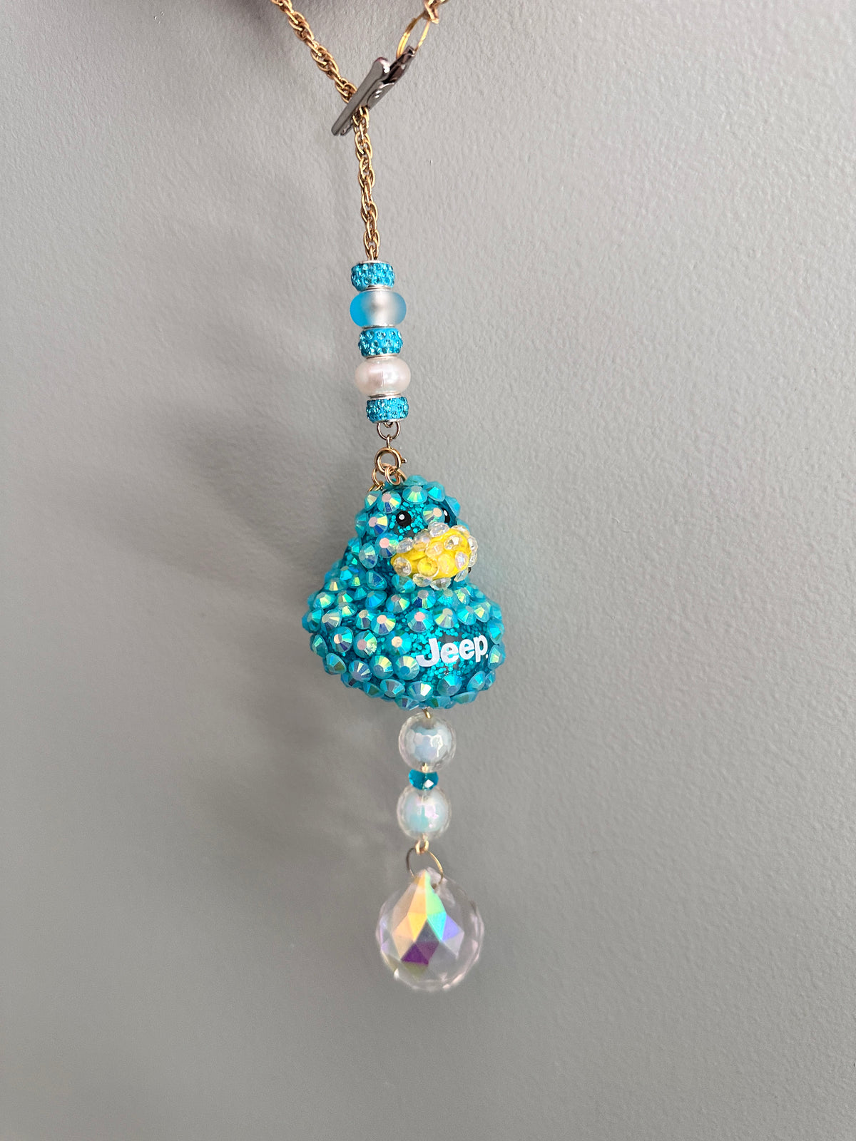 Bling Rubber Ducky Rearview Mirror Charm, Jeep decor Crystal Sun Catcher Car Accessory, Fun Duck Ornament Crystal replacements included teal