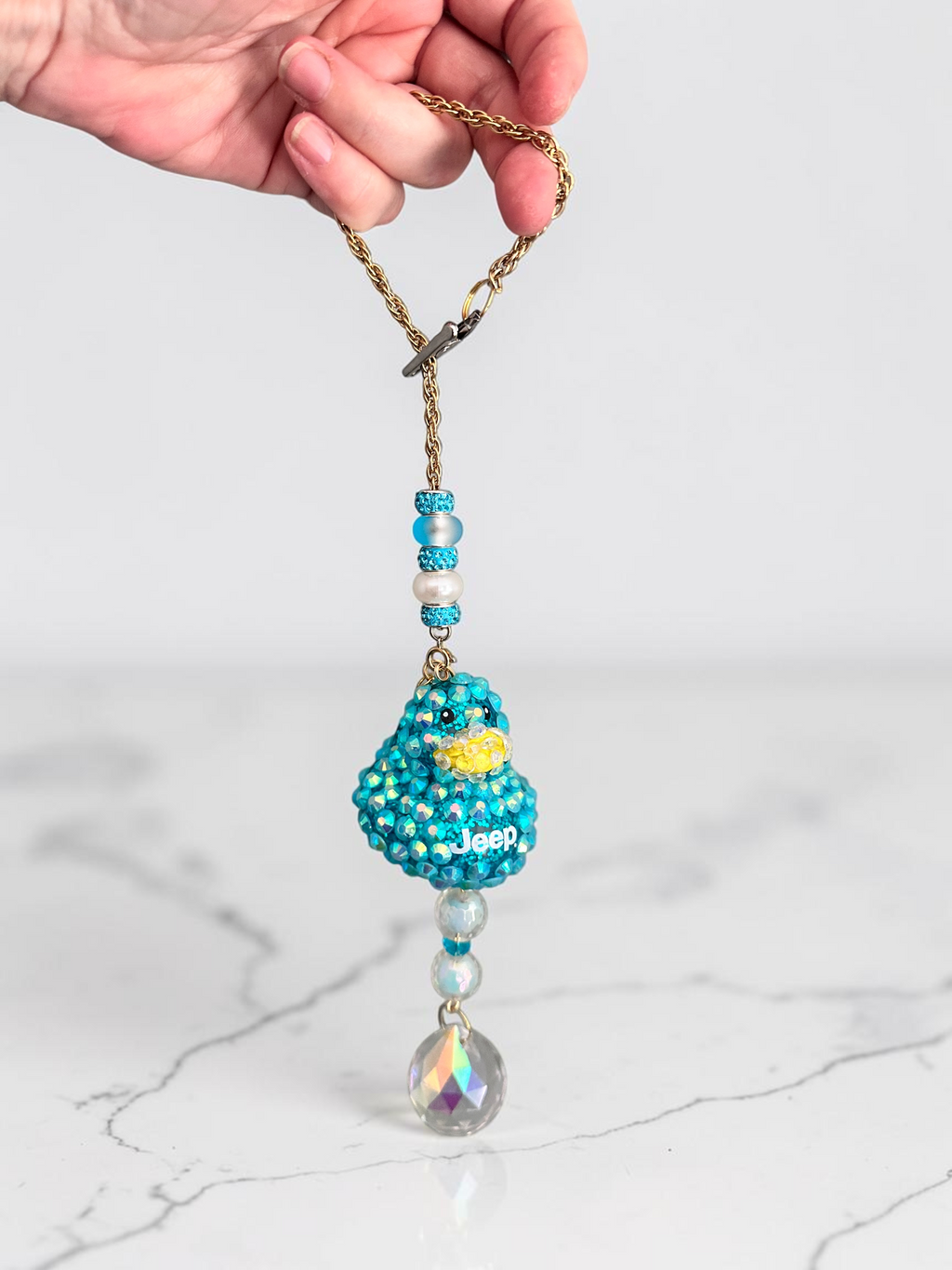 Bling Rubber Ducky Rearview Mirror Charm, Jeep decor Crystal Sun Catcher Car Accessory, Fun Duck Ornament Crystal replacements included teal