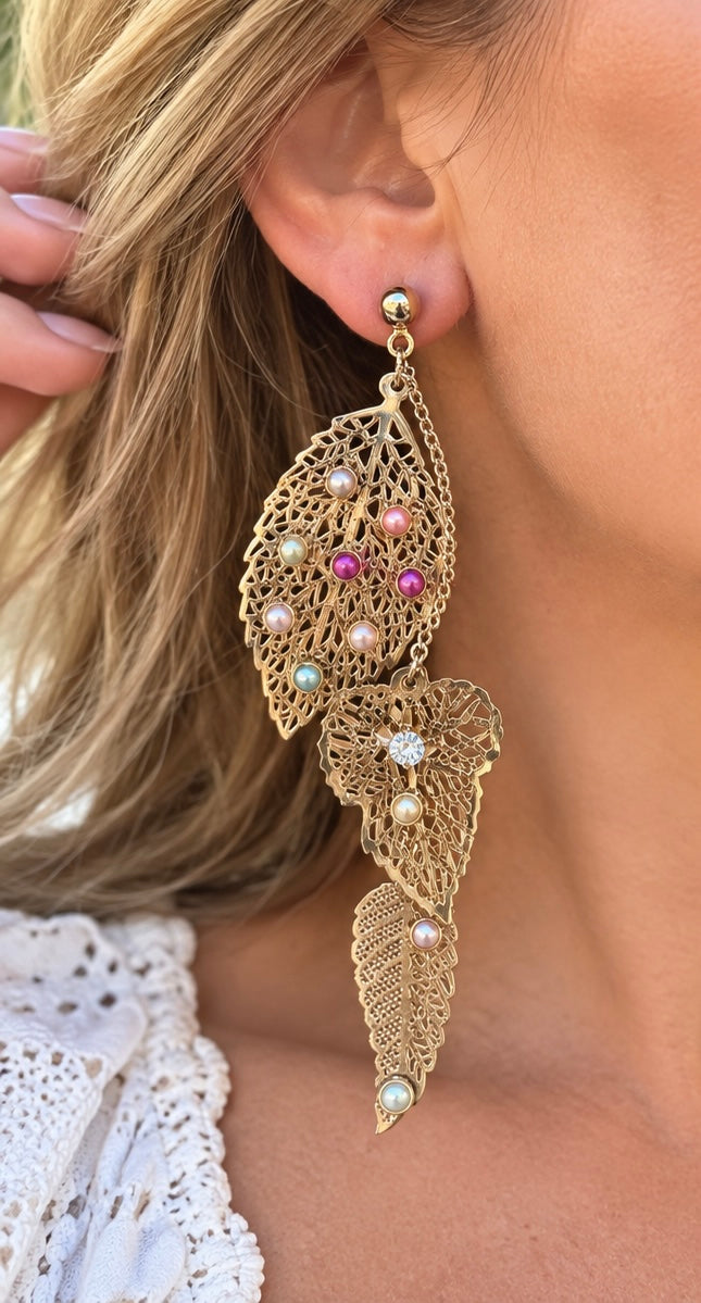 Vintage Gold Tone Leaf Earrings, dainty cute earrings Handmade Pearl Statement Earrings, Upcycled Filigree Dangle One of a Kind