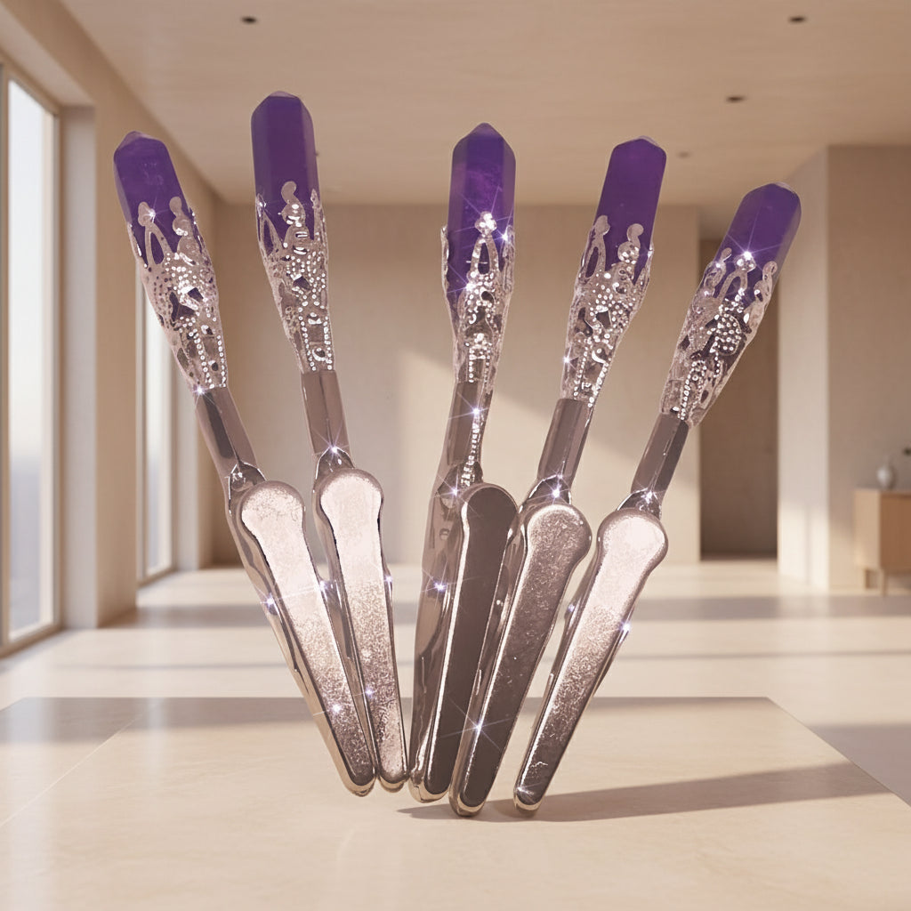 Set of metallic ATM card clips with purple tips on a white background