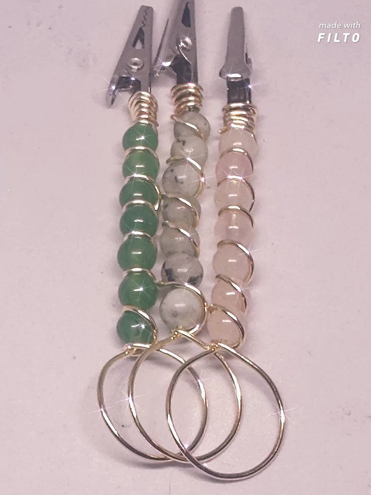 Genuine Gemstone Beaded ATM card clip bracelet helper, featuring three wire-wrapped clips with green, gray, and pink beads, perfect for adding a handmade touch to your space.