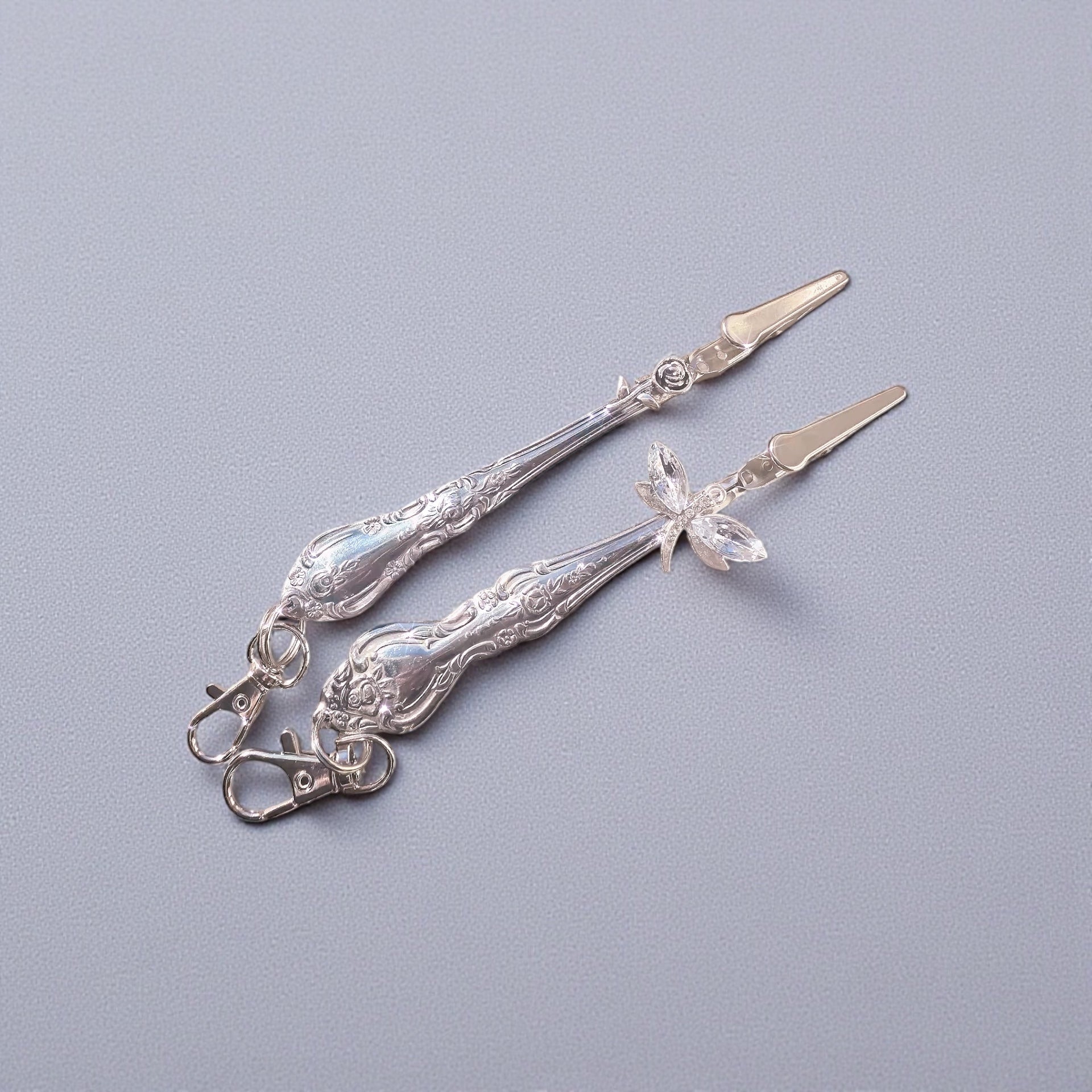 Vintage Spoon Rose & Crystal Dragonfly ATM Card Clip – Handmade Bracelet Helper Keychain
