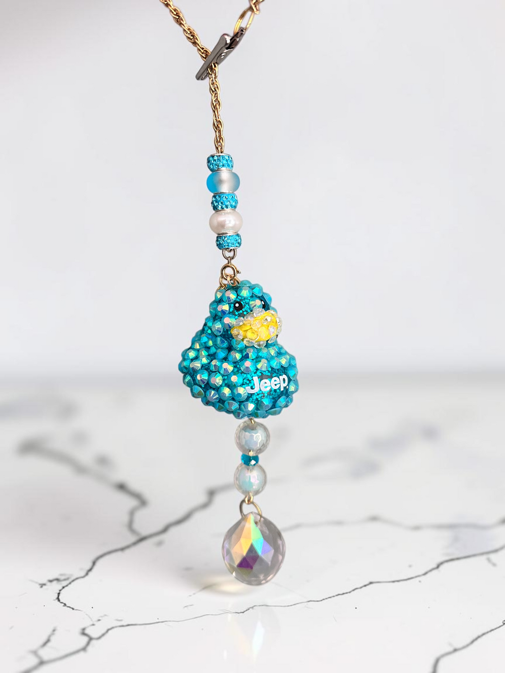 Bling Rubber Ducky Rearview Mirror Charm, Jeep decor Crystal Sun Catcher Car Accessory, Fun Duck Ornament Crystal replacements included teal