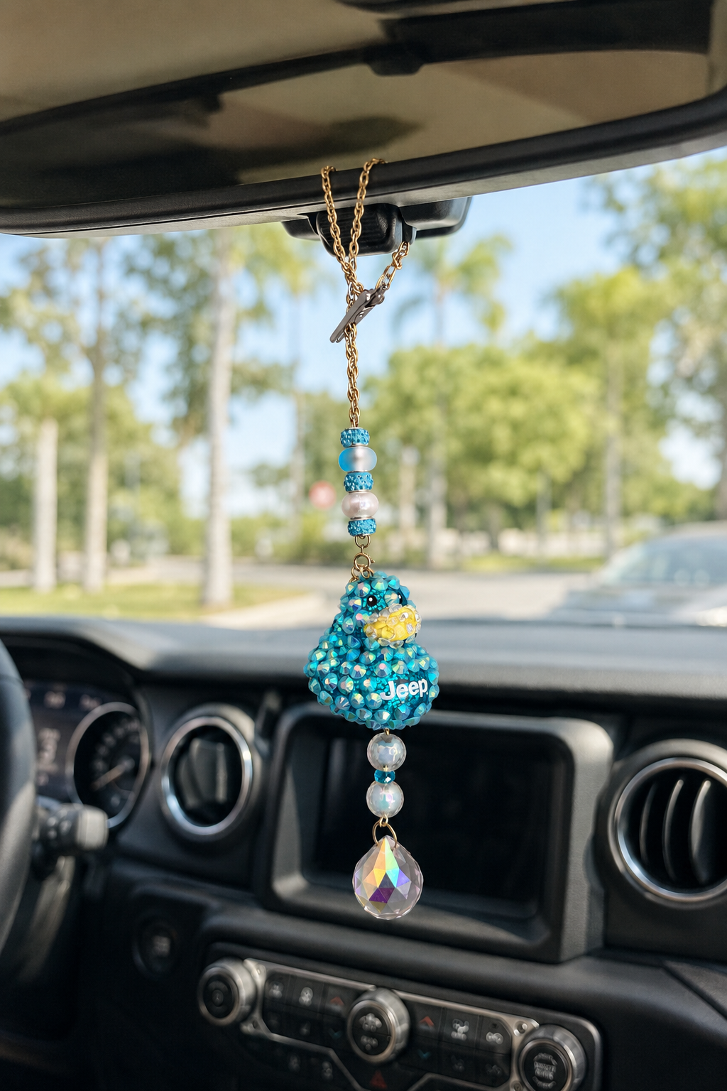 Bling Rubber Ducky Rearview Mirror Charm, Jeep decor Crystal Sun Catcher Car Accessory, Fun Duck Ornament Crystal replacements included teal