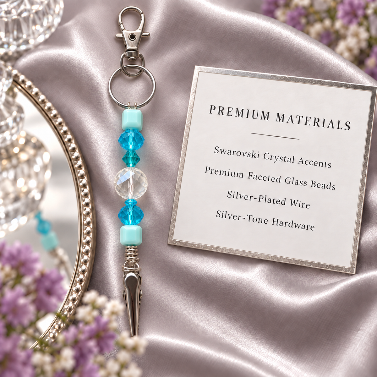 Luxury Swarovski Crystal Accent ATM Card Clip, Aqua Glass Beaded Card Grabber, Long Nail Helper, Handmade Keychain Gift