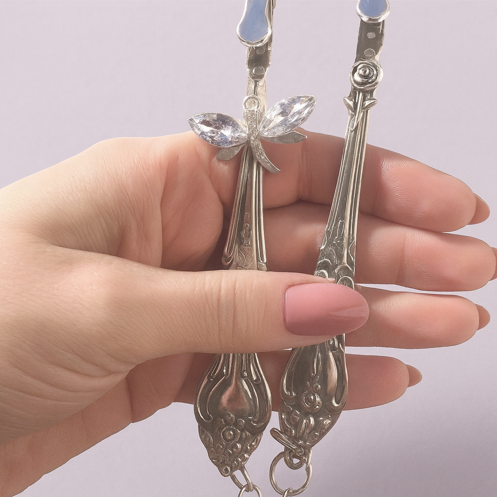 Vintage Spoon Rose & Crystal Dragonfly ATM Card Clip – Handmade Bracelet Helper Keychain