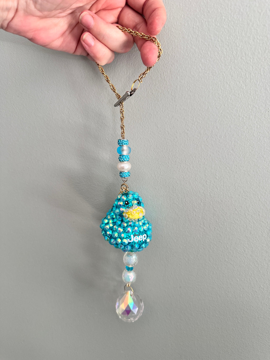 Bling Rubber Ducky Rearview Mirror Charm, Jeep decor Crystal Sun Catcher Car Accessory, Fun Duck Ornament Crystal replacements included teal