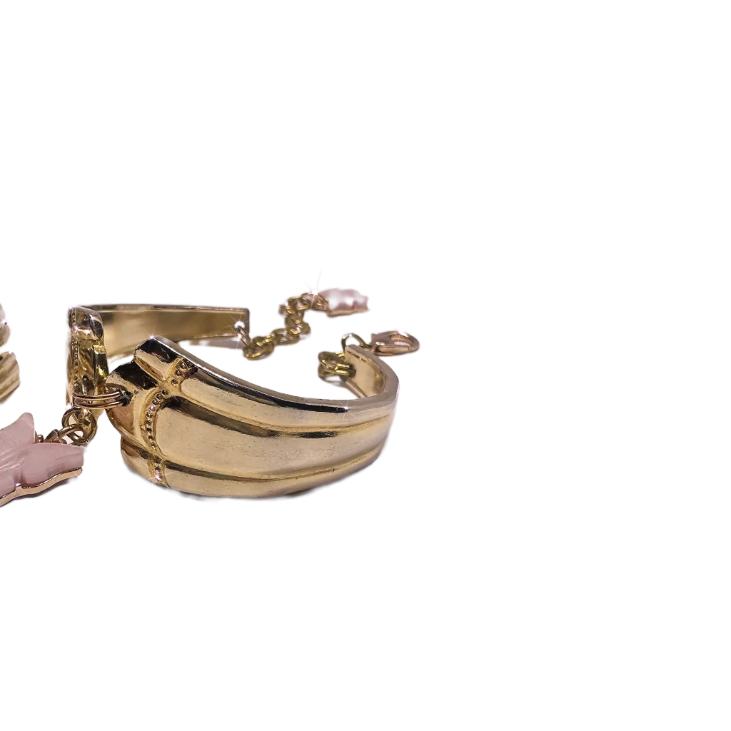 Gold Spoon Ring & Bracelet Set featuring a textured design with a pink butterfly charm. The handcrafted jewelry showcases vintage flatware with a gold-tone finish, perfect for everyday wear.