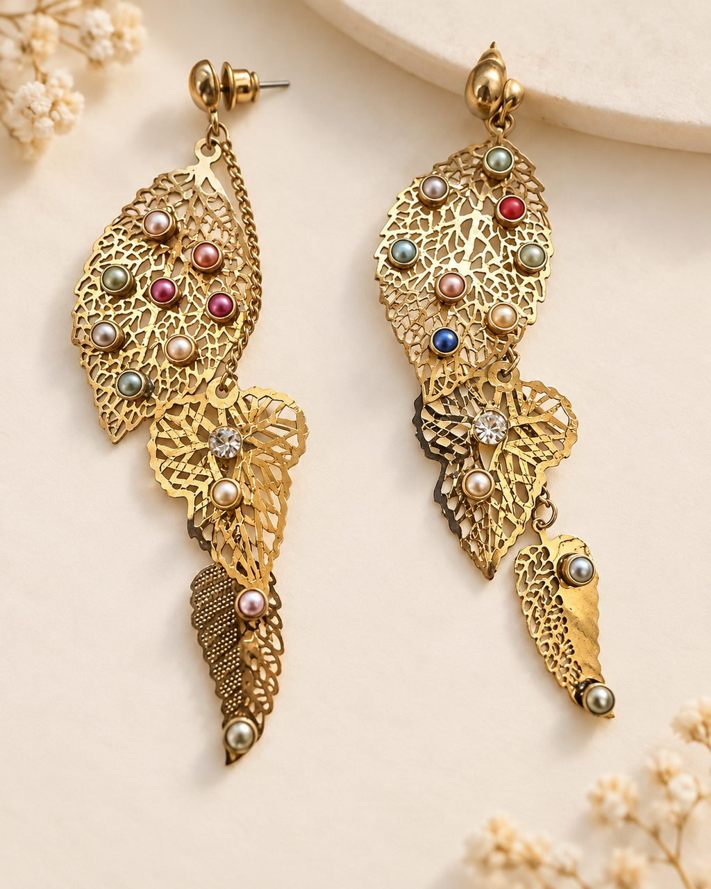 Vintage Gold Tone Leaf Earrings, dainty cute earrings Handmade Pearl Statement Earrings, Upcycled Filigree Dangle One of a Kind