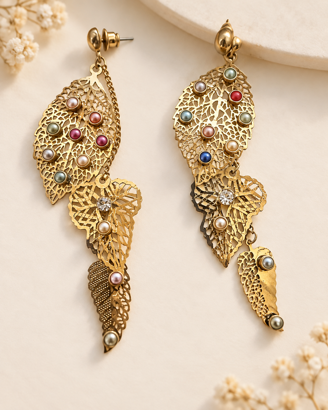 Vintage Gold Tone Leaf Earrings, dainty cute earrings Handmade Pearl Statement Earrings, Upcycled Filigree Dangle One of a Kind