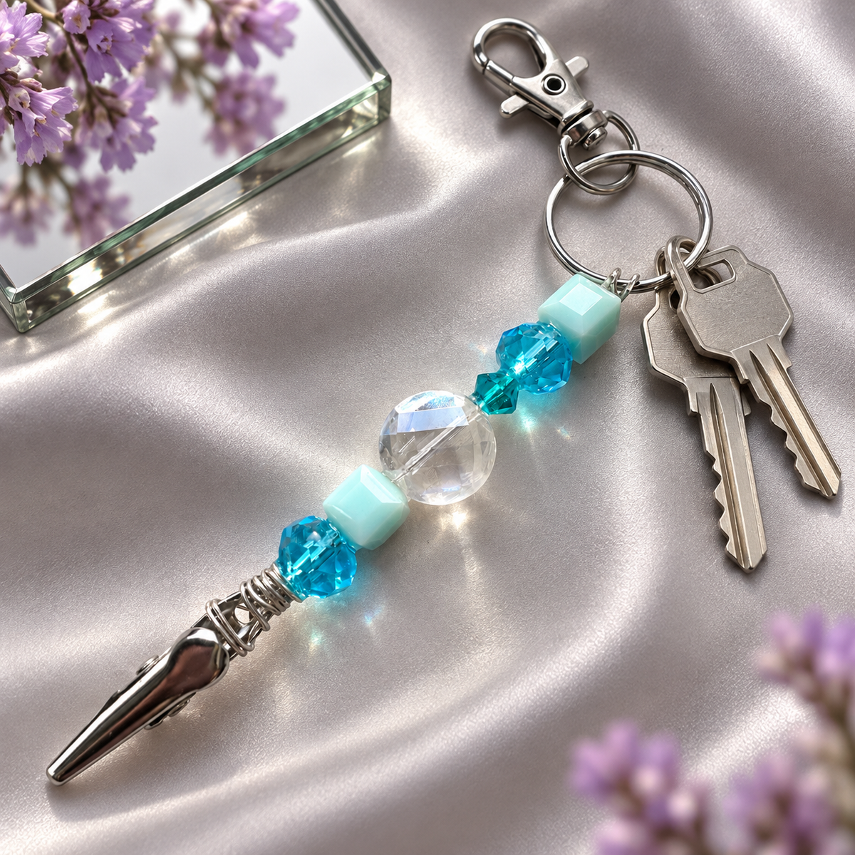 Luxury Swarovski Crystal Accent ATM Card Clip, Aqua Glass Beaded Card Grabber, Long Nail Helper, Handmade Keychain Gift