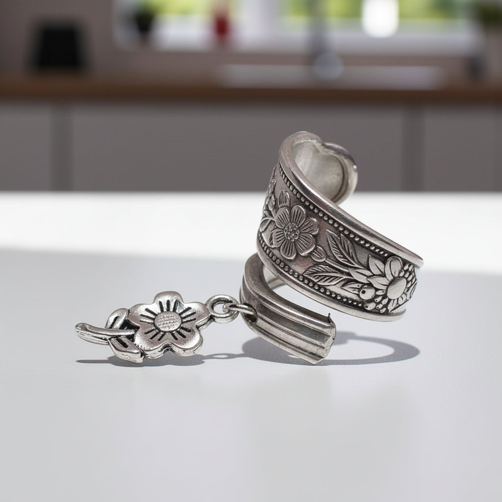 Silver spoon ring with floral charm on a wooden surface