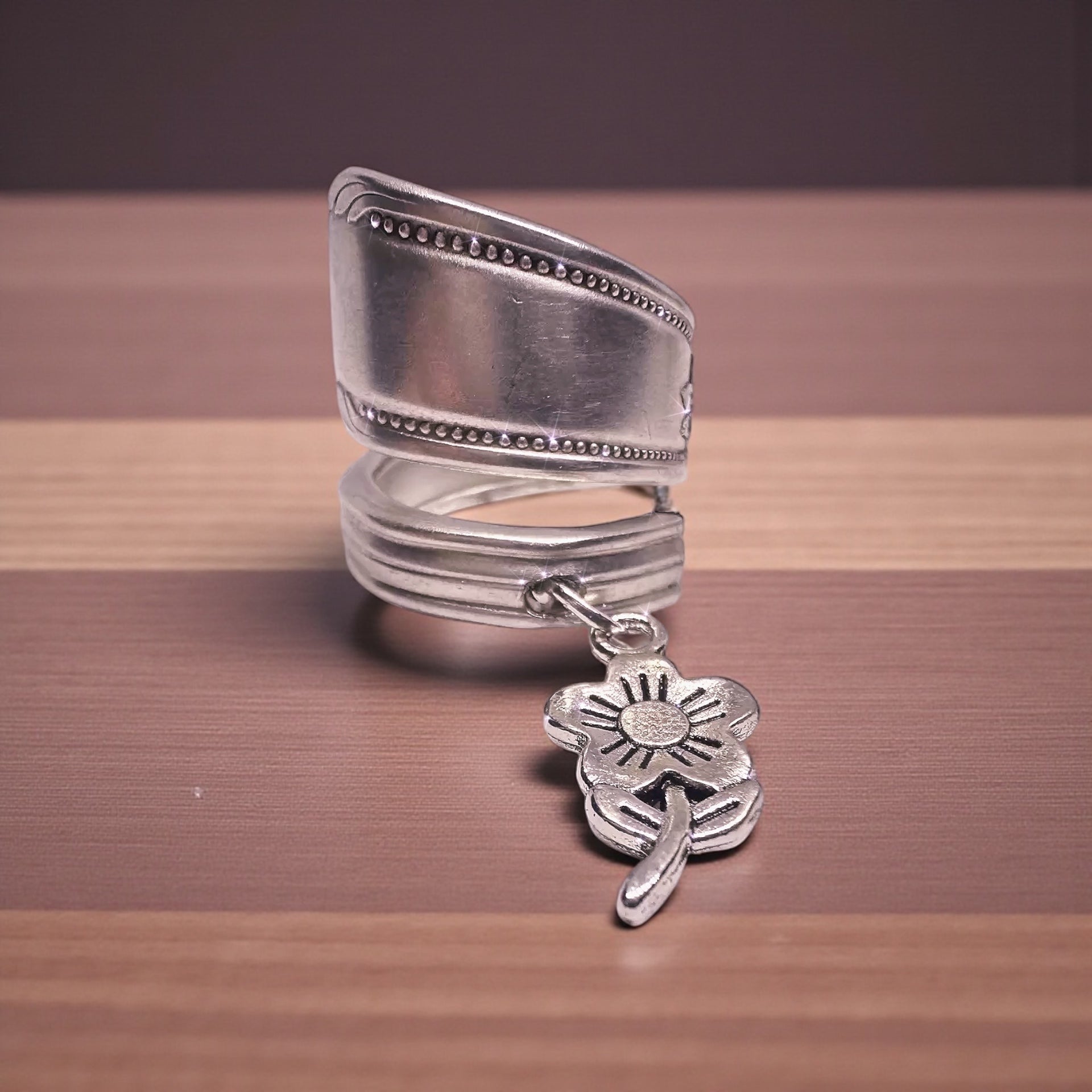 Handmade Vintage Spoon Ring with Adjustable Fit & Dangling Floral Charm - Unique Boho Jewelry