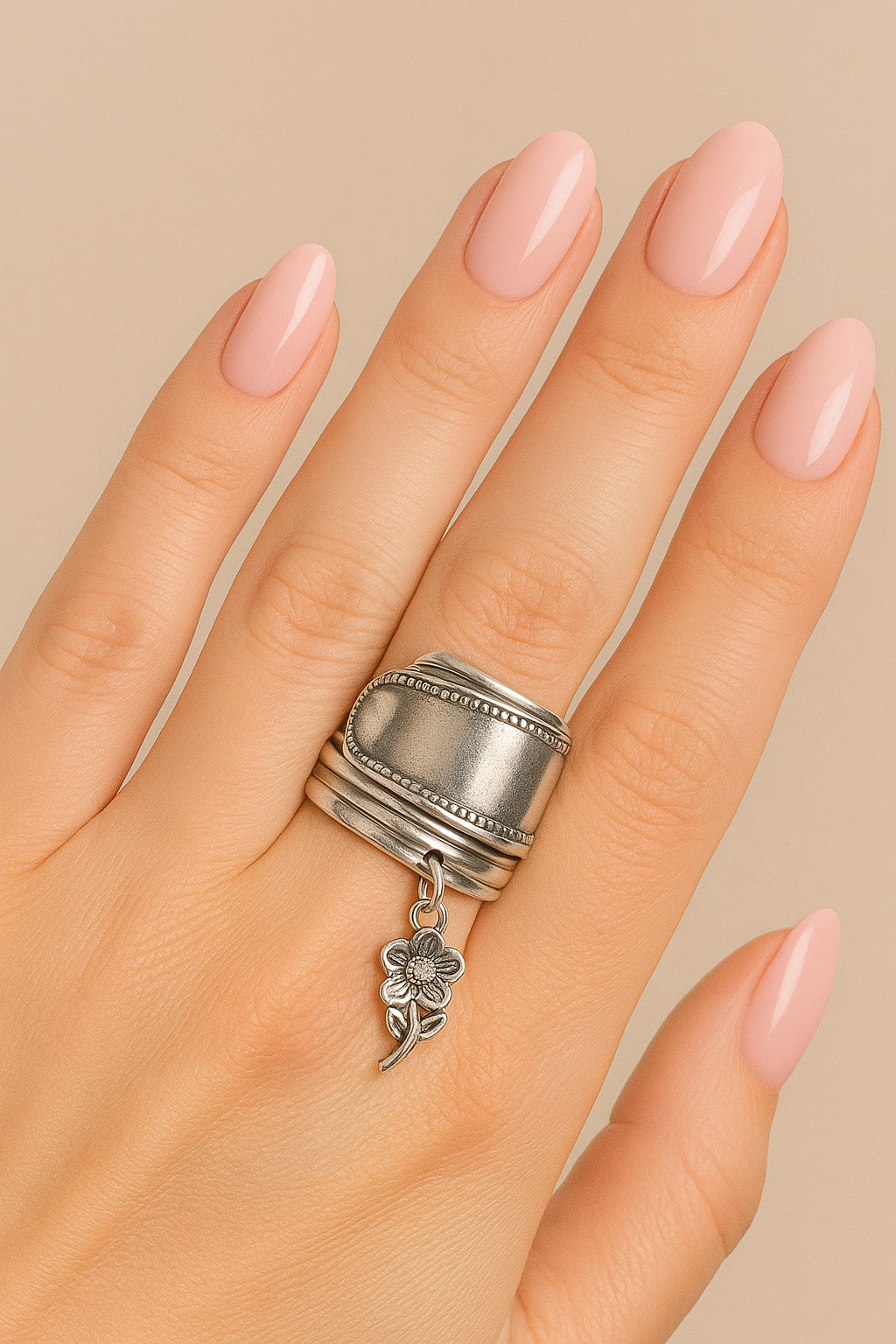 Handmade Vintage Spoon Ring with Adjustable Fit & Dangling Floral Charm - Unique Boho Jewelry