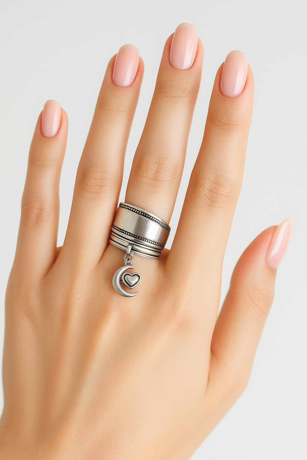 Handmade Vintage Silver Spoon Ring with Adjustable Moon and Heart Charm - Unique Statement Jewelry