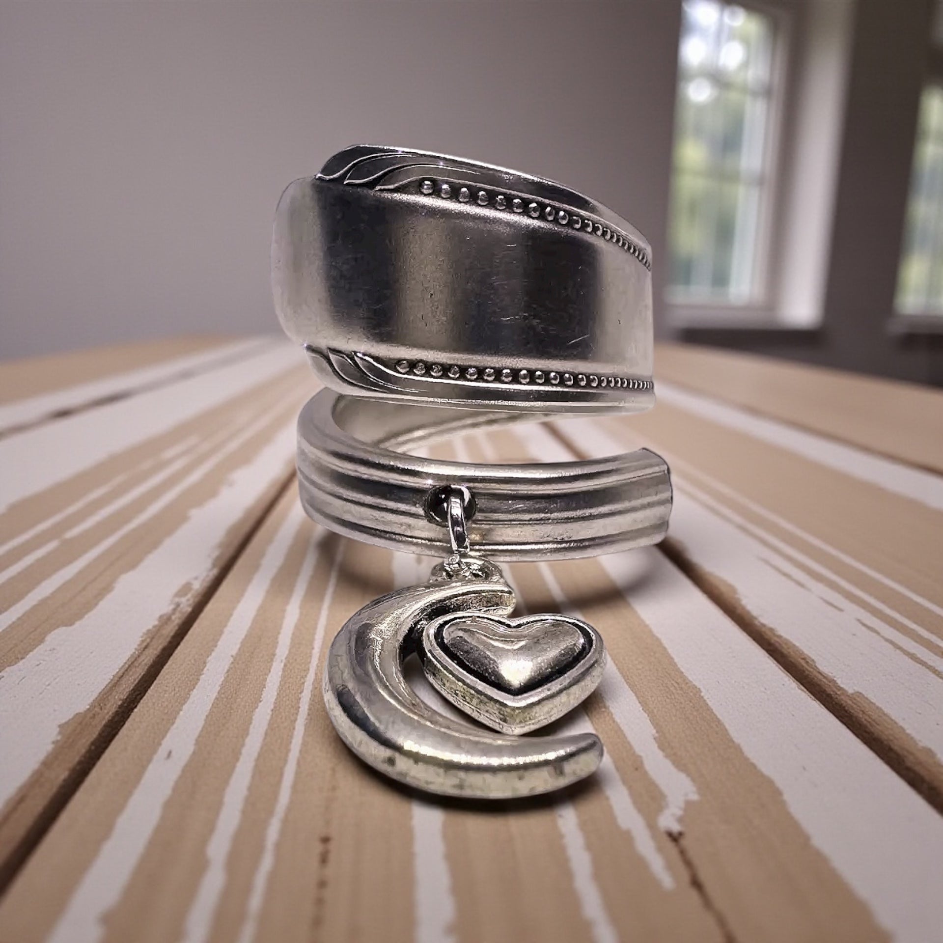 Handmade Vintage Silver Spoon Ring with Adjustable Moon and Heart Charm - Unique Statement Jewelry