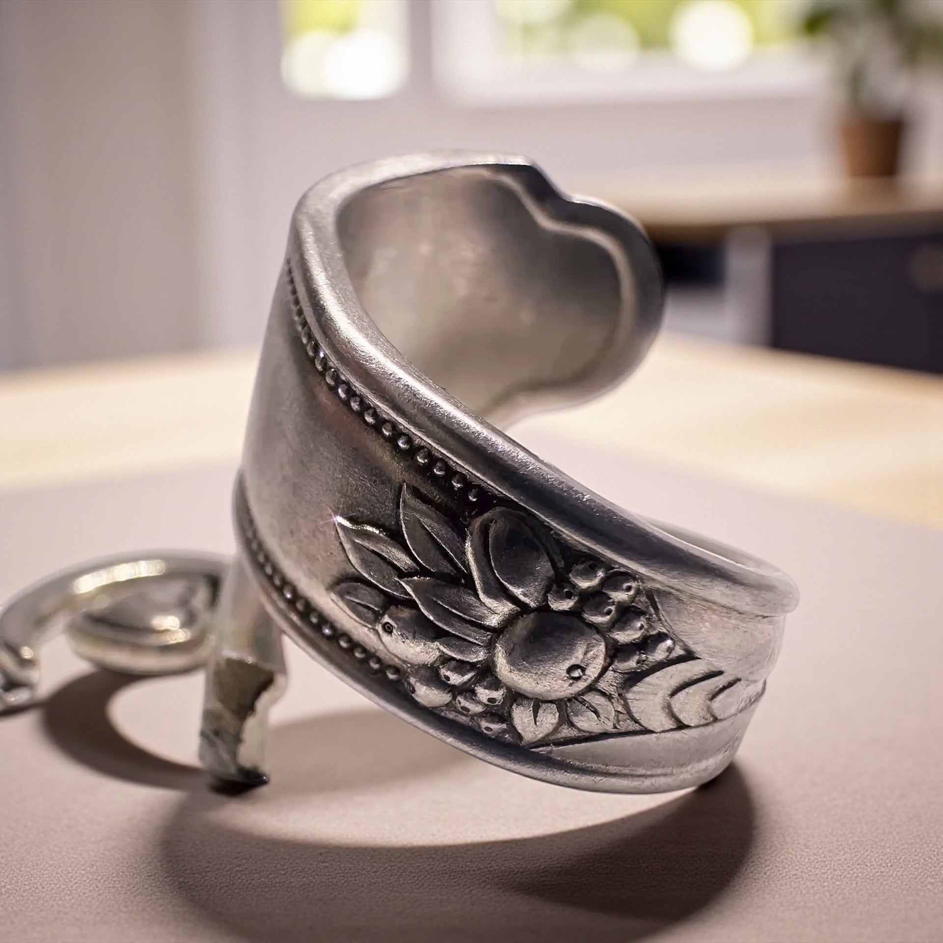Handmade Vintage Silver Spoon Ring with Adjustable Moon and Heart Charm - Unique Statement Jewelry
