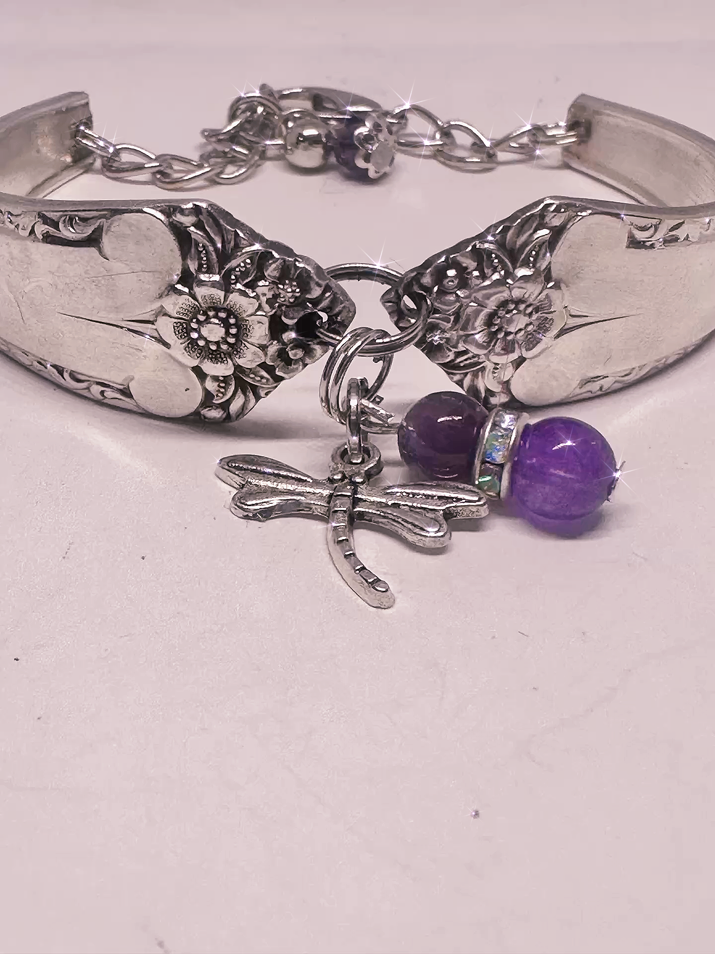 Vintage Silver-Plated Dragonfly , Amathyst stones Spoon Bracelet – Handmade From Upcycled Flatware