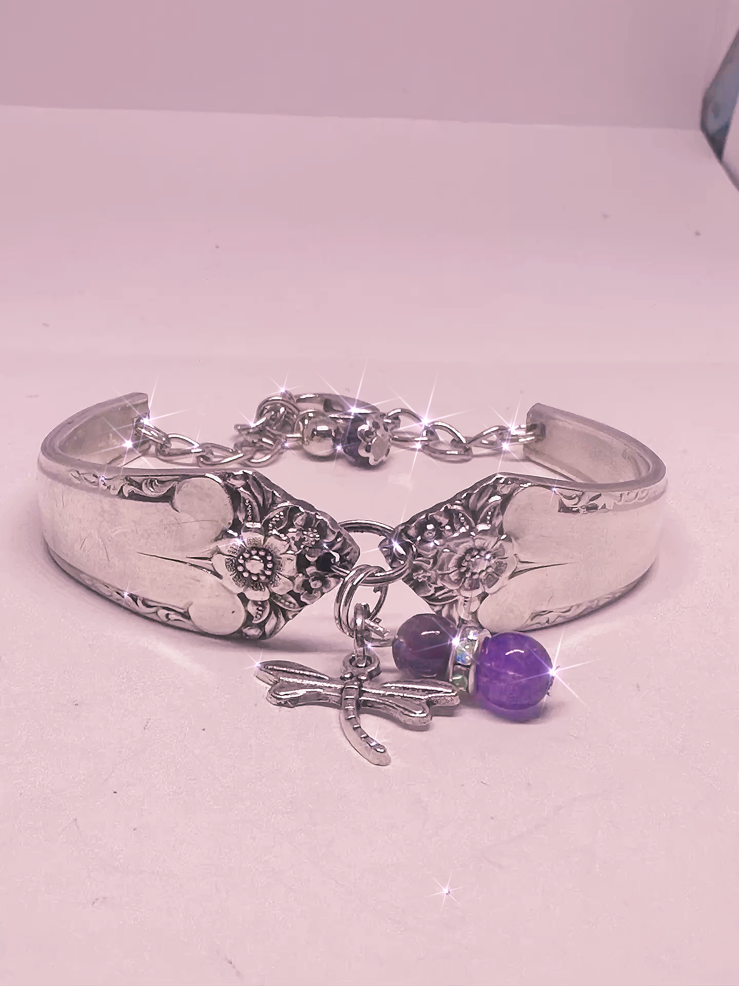 Vintage Silver-Plated Dragonfly , Amathyst stones Spoon Bracelet – Handmade From Upcycled Flatware