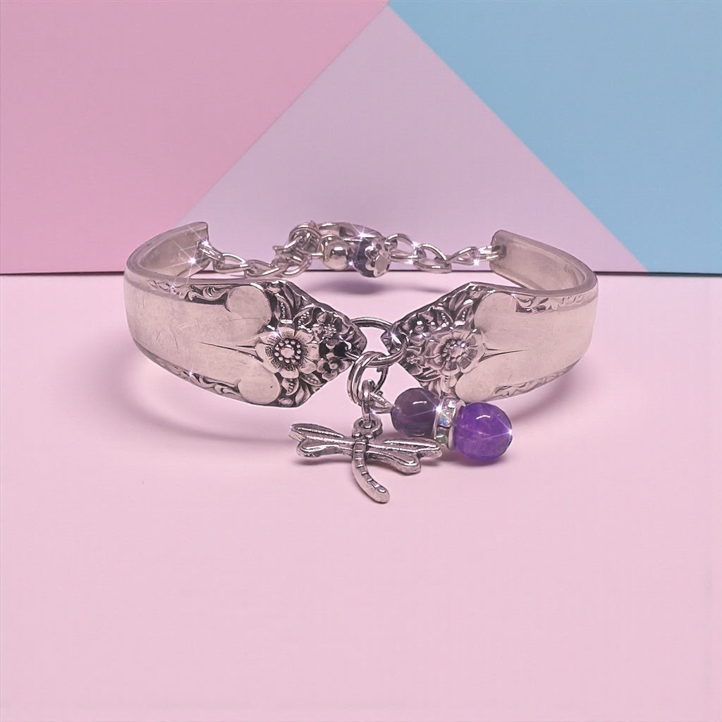 Vintage Silver-Plated Dragonfly , Amathyst stones Spoon Bracelet – Handmade From Upcycled Flatware