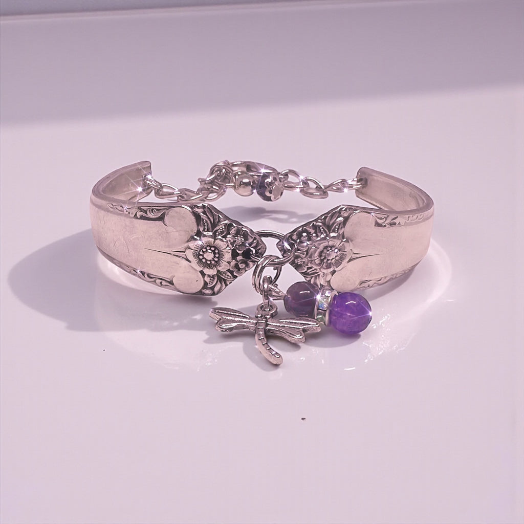 Vintage Silver-Plated Dragonfly , Amathyst stones Spoon Bracelet – Handmade From Upcycled Flatware
