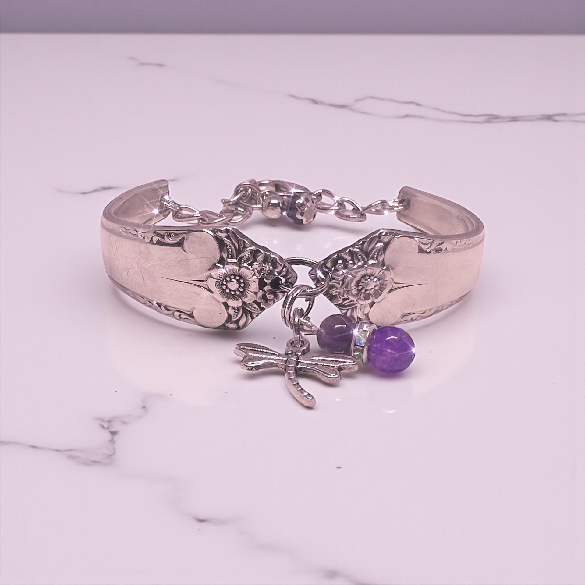 Vintage Silver-Plated Dragonfly , Amathyst stones Spoon Bracelet – Handmade From Upcycled Flatware