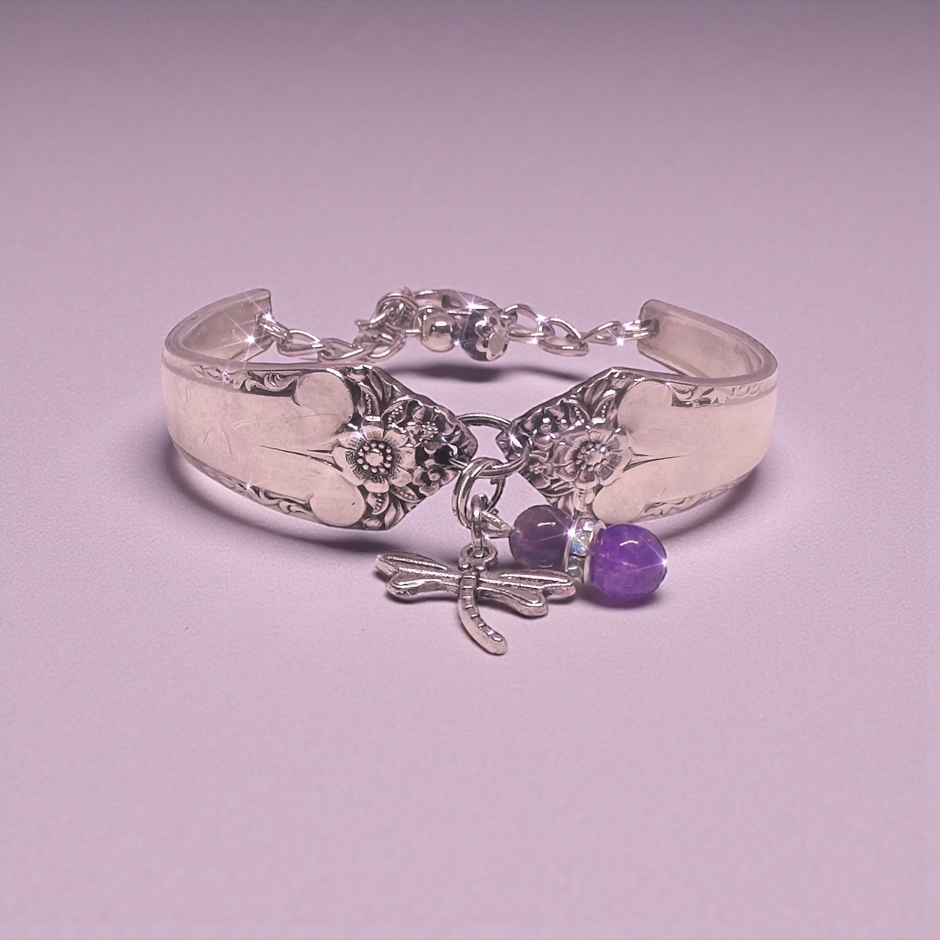 Vintage Silver-Plated Dragonfly , Amathyst stones Spoon Bracelet – Handmade From Upcycled Flatware