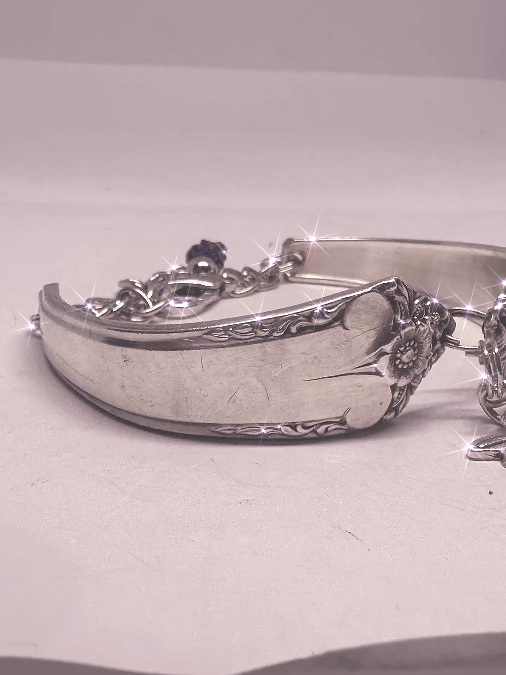 Vintage Silver-Plated Dragonfly , Amathyst stones Spoon Bracelet – Handmade From Upcycled Flatware