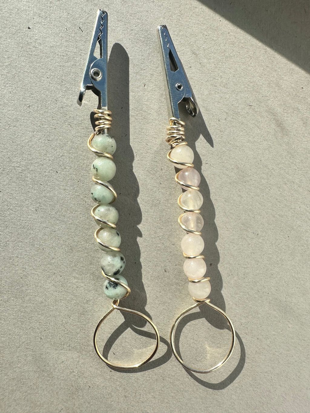 Atm Card clip Genuine Gemstones  Rose quartz or kiwi jasper beaded wire wrapped bracelet buddy ,long nail helper