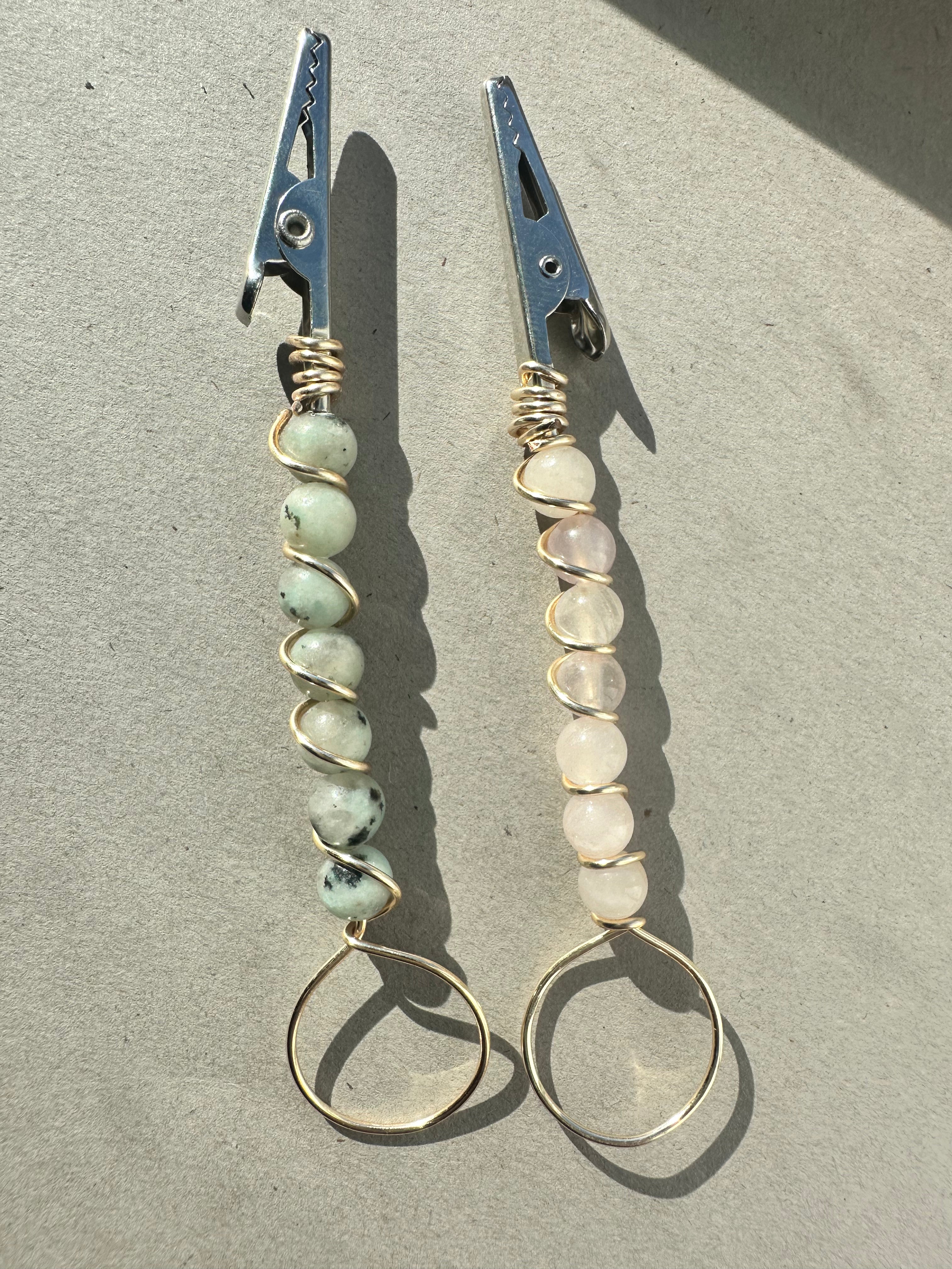 Atm Card clip Genuine Gemstones  Rose quartz or kiwi jasper beaded wire wrapped bracelet buddy ,long nail helper