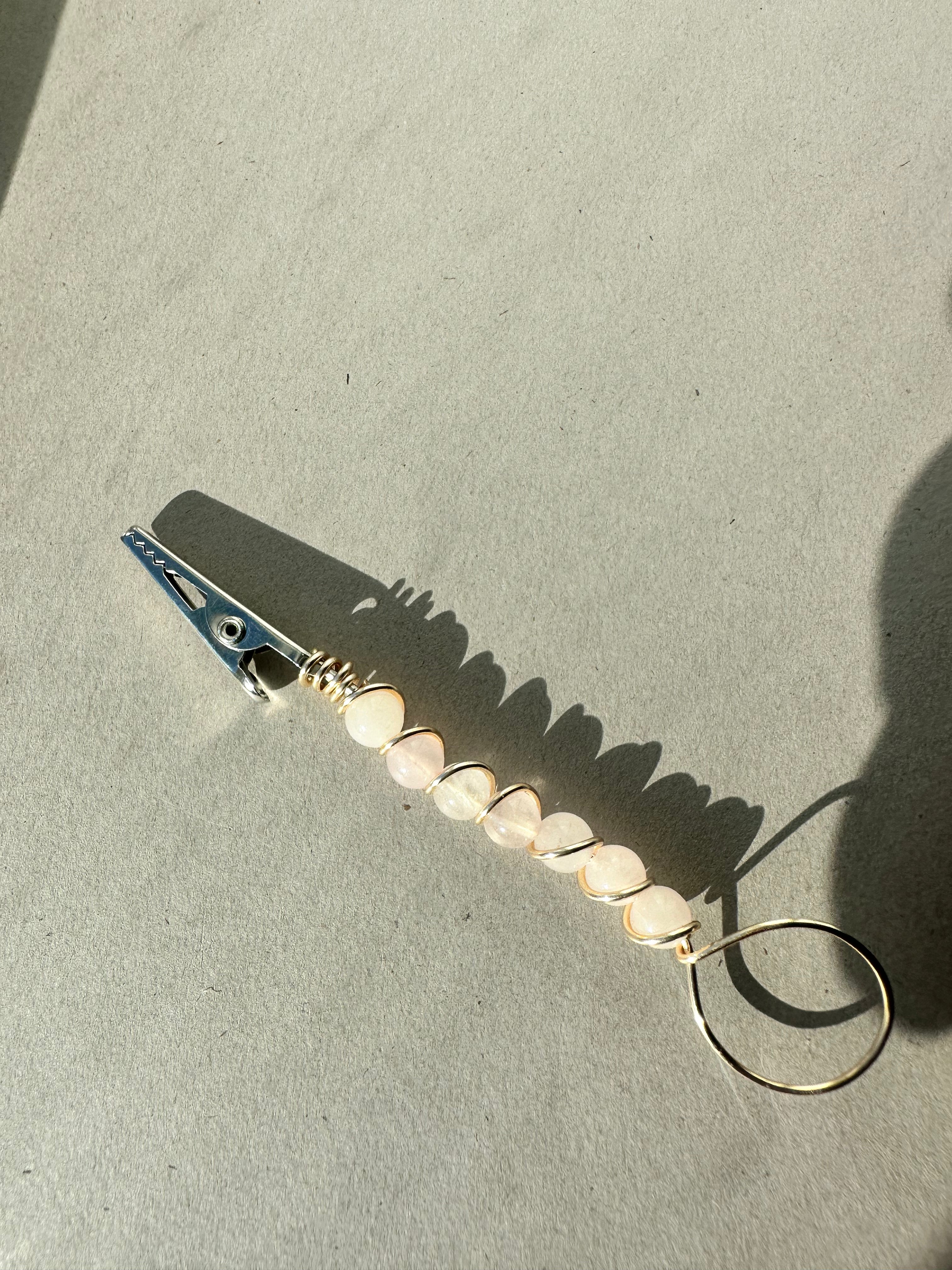 Atm Card clip Genuine Gemstones  Rose quartz or kiwi jasper beaded wire wrapped bracelet buddy ,long nail helper