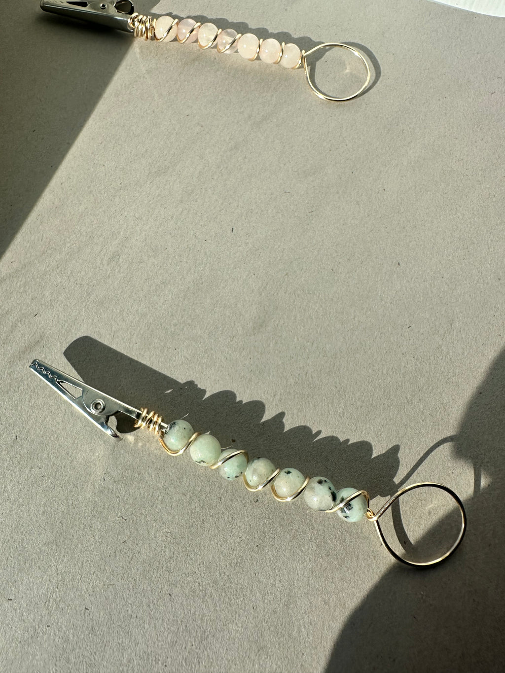 Atm Card clip Genuine Gemstones  Rose quartz or kiwi jasper beaded wire wrapped bracelet buddy ,long nail helper