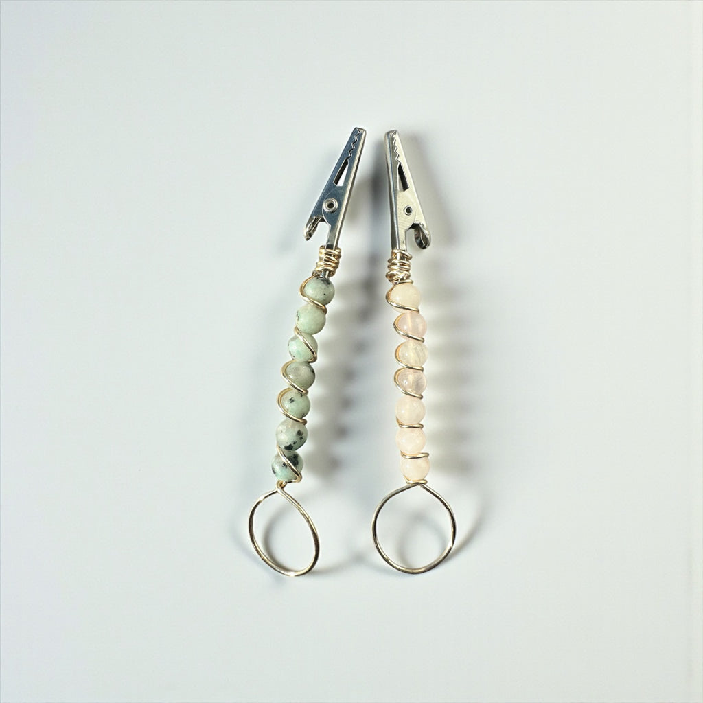 Atm Card clip Genuine Gemstones  Rose quartz or kiwi jasper beaded wire wrapped bracelet buddy ,long nail helper