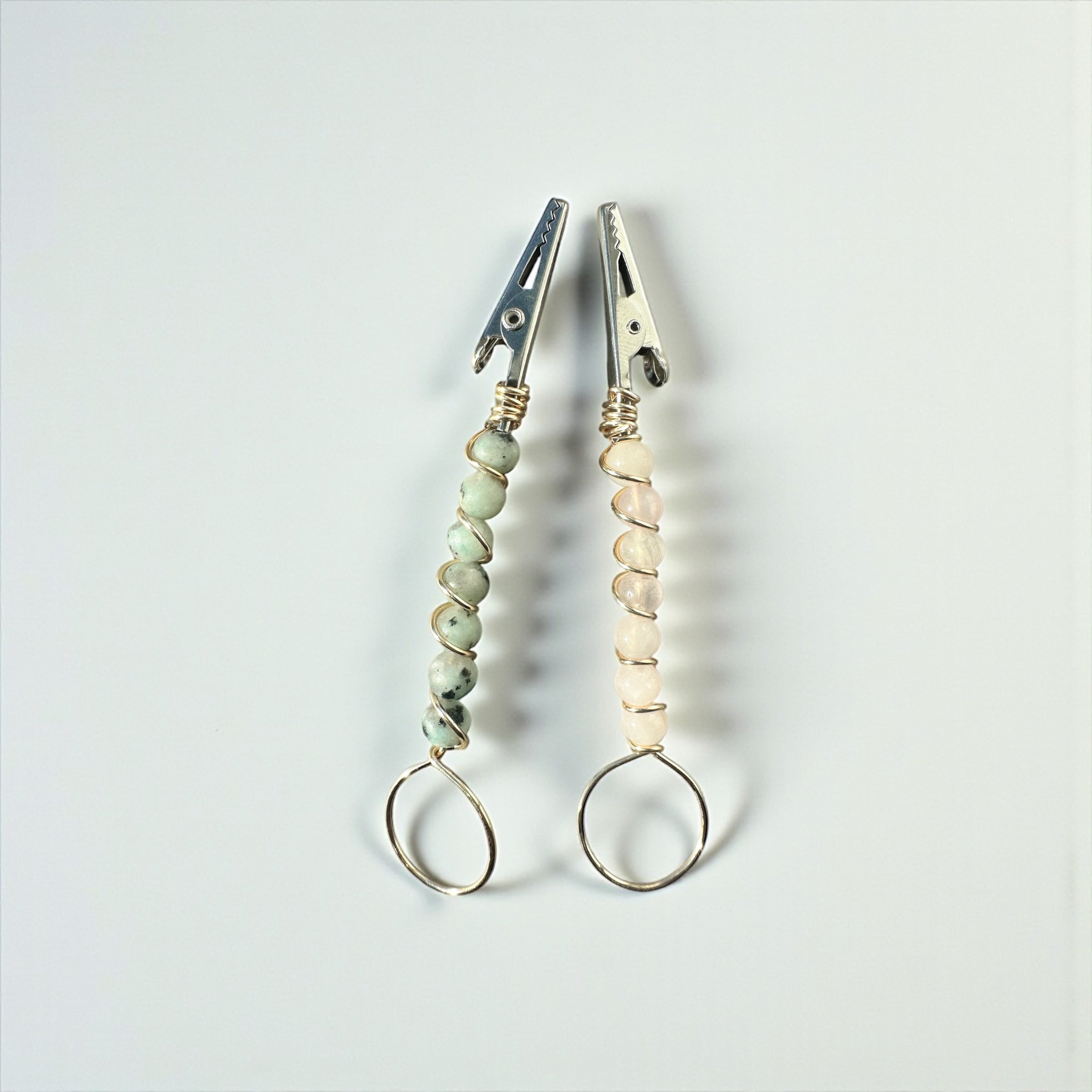 Atm Card clip Genuine Gemstones  Rose quartz or kiwi jasper beaded wire wrapped bracelet buddy ,long nail helper