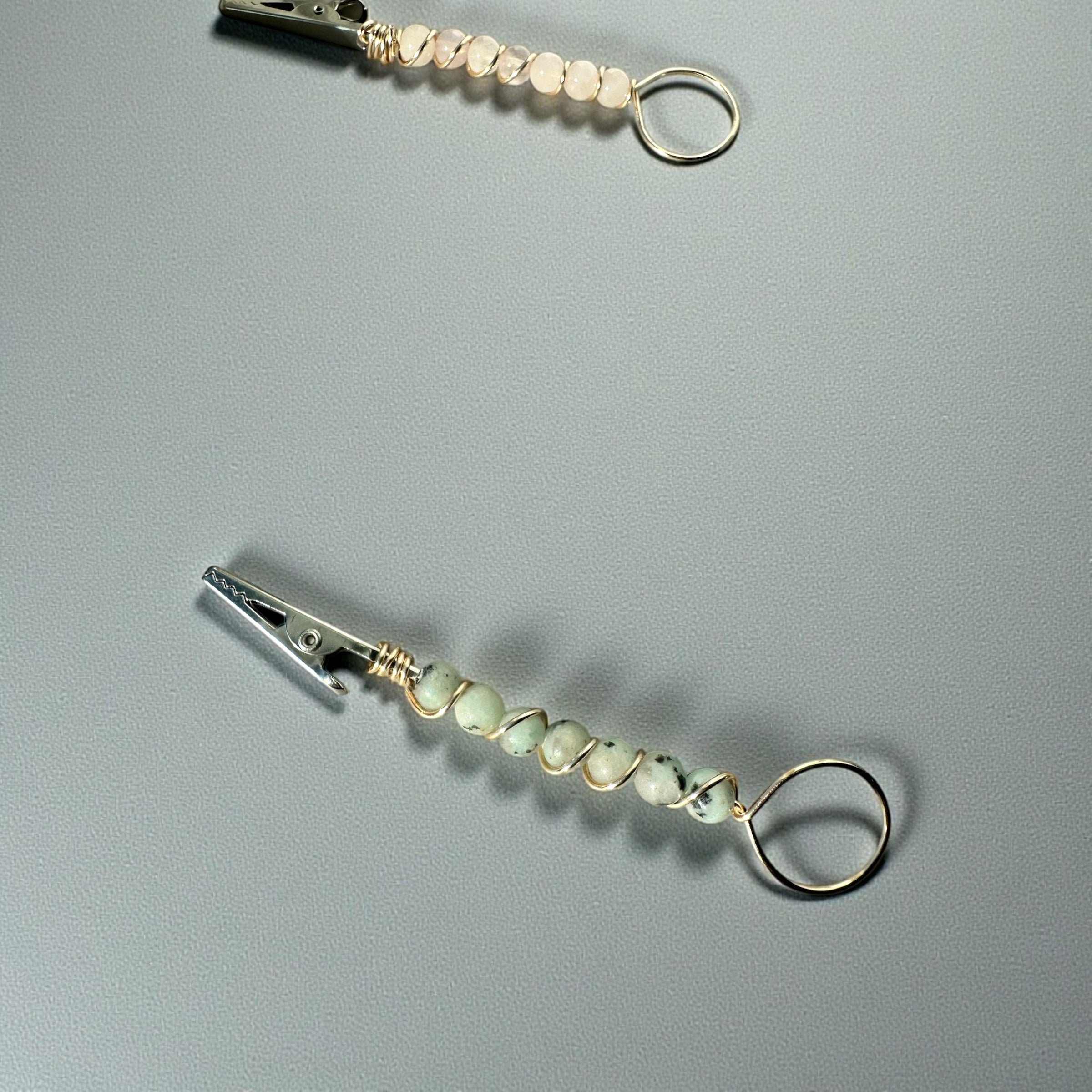 Atm Card clip Genuine Gemstones  Rose quartz or kiwi jasper beaded wire wrapped bracelet buddy ,long nail helper