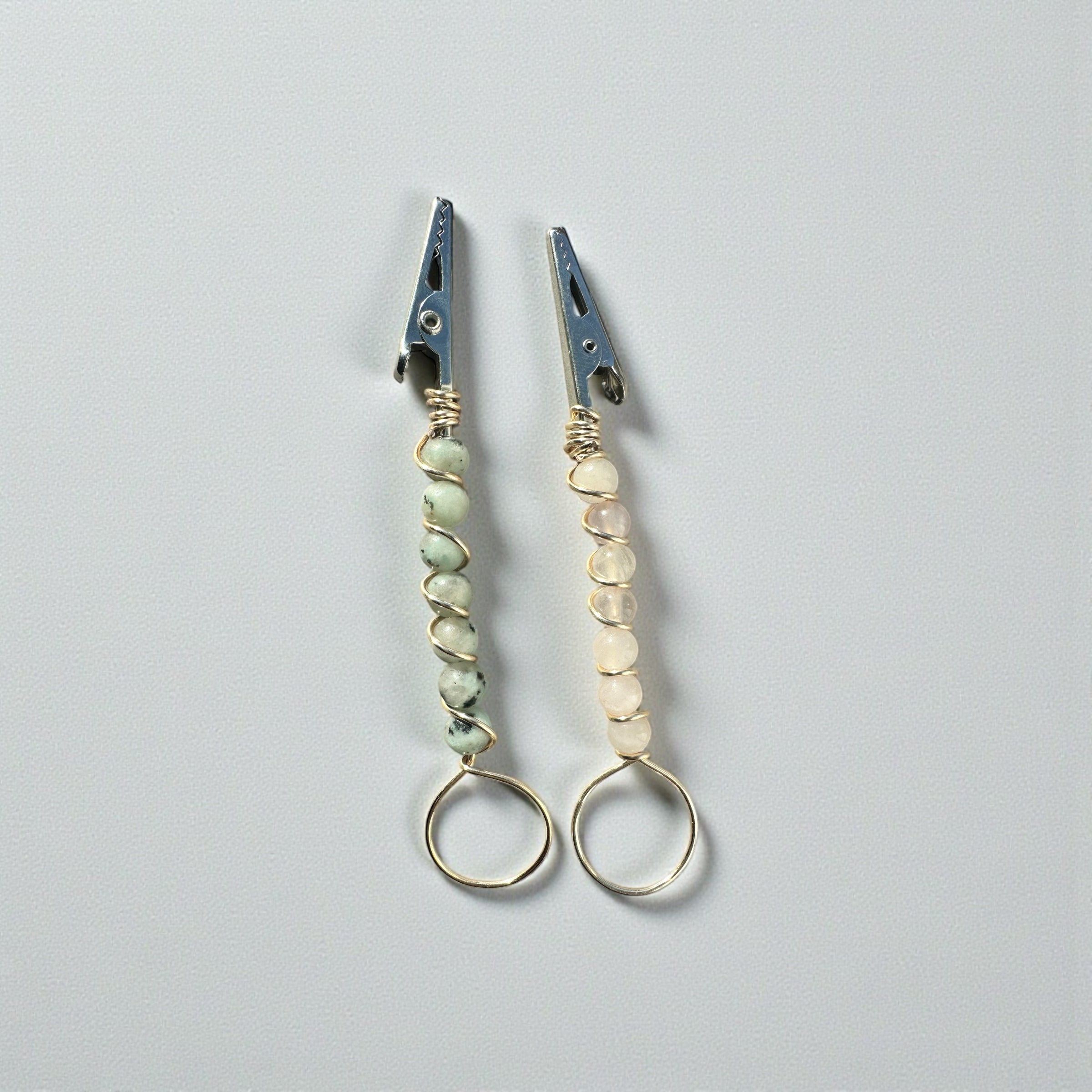 Atm Card clip Genuine Gemstones  Rose quartz or kiwi jasper beaded wire wrapped bracelet buddy ,long nail helper