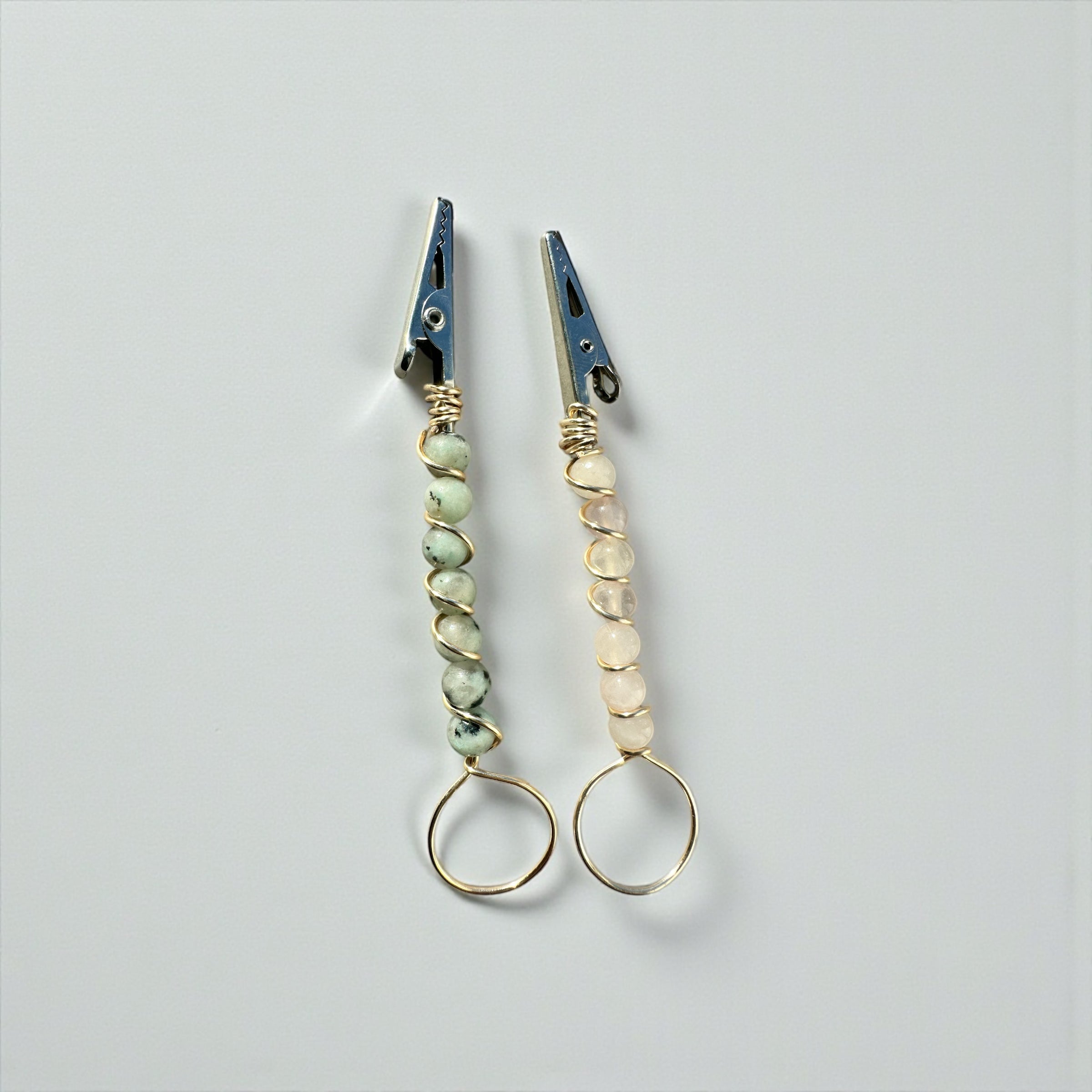 Atm Card clip Genuine Gemstones  Rose quartz or kiwi jasper beaded wire wrapped bracelet buddy ,long nail helper