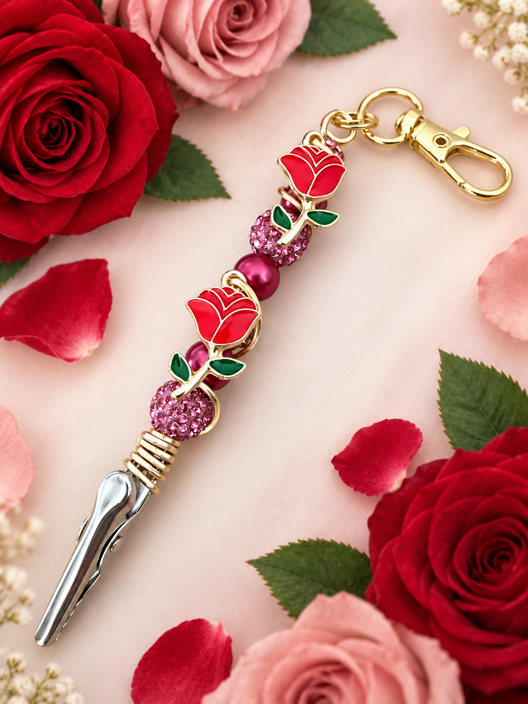 Rose ATM Card Grabber Clip – Long Nail Credit Card Puller – Bracelet Helper Tool – Pink Beaded Purse Charm Keychain – Gift for