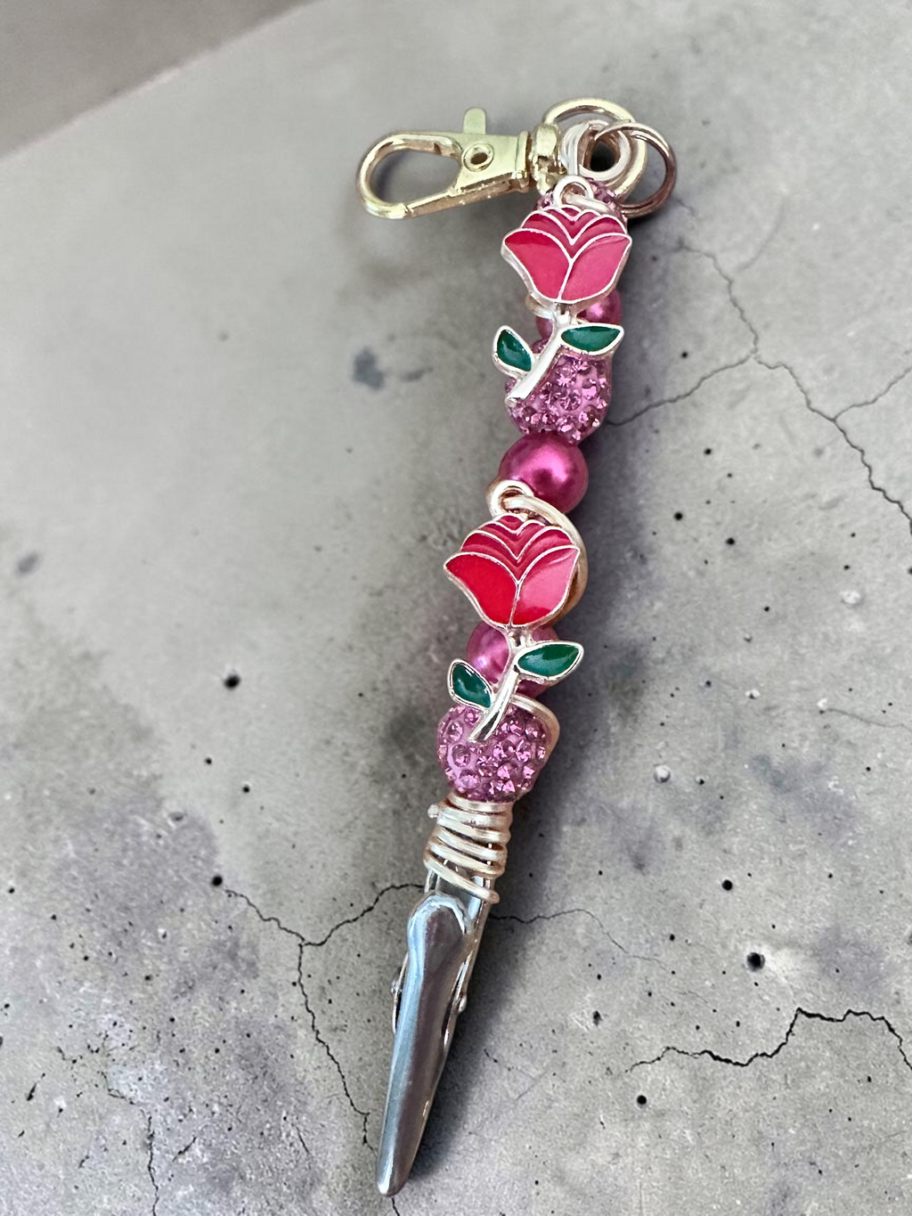 Rose ATM Card Grabber Clip – Long Nail Credit Card Puller – Bracelet Helper Tool – Pink Beaded Purse Charm Keychain – Gift for