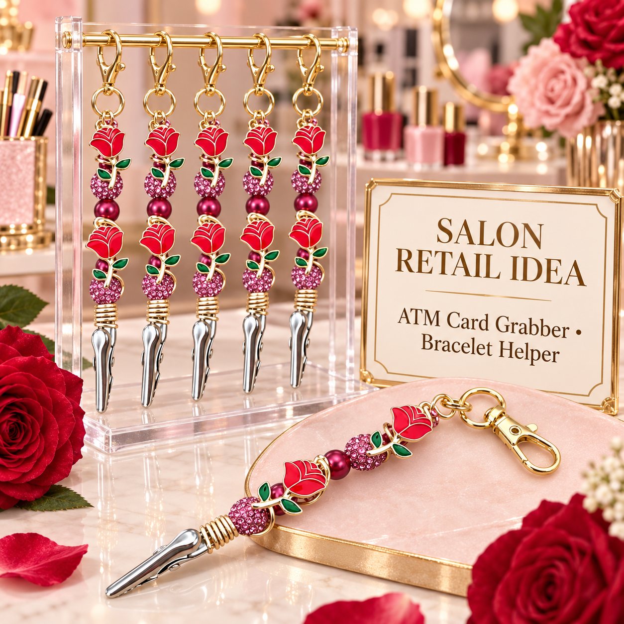 Rose ATM Card Grabber Clip – Long Nail Credit Card Puller – Bracelet Helper Tool – Pink Beaded Purse Charm Keychain – Gift for