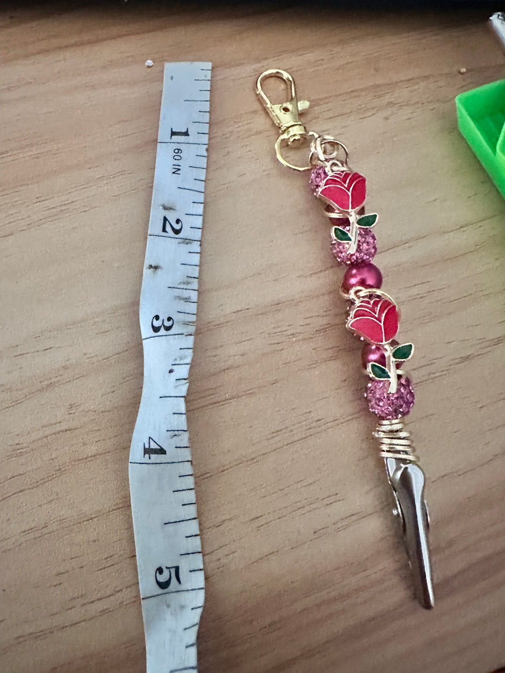 Rose ATM Card Grabber Clip – Long Nail Credit Card Puller – Bracelet Helper Tool – Pink Beaded Purse Charm Keychain – Gift for