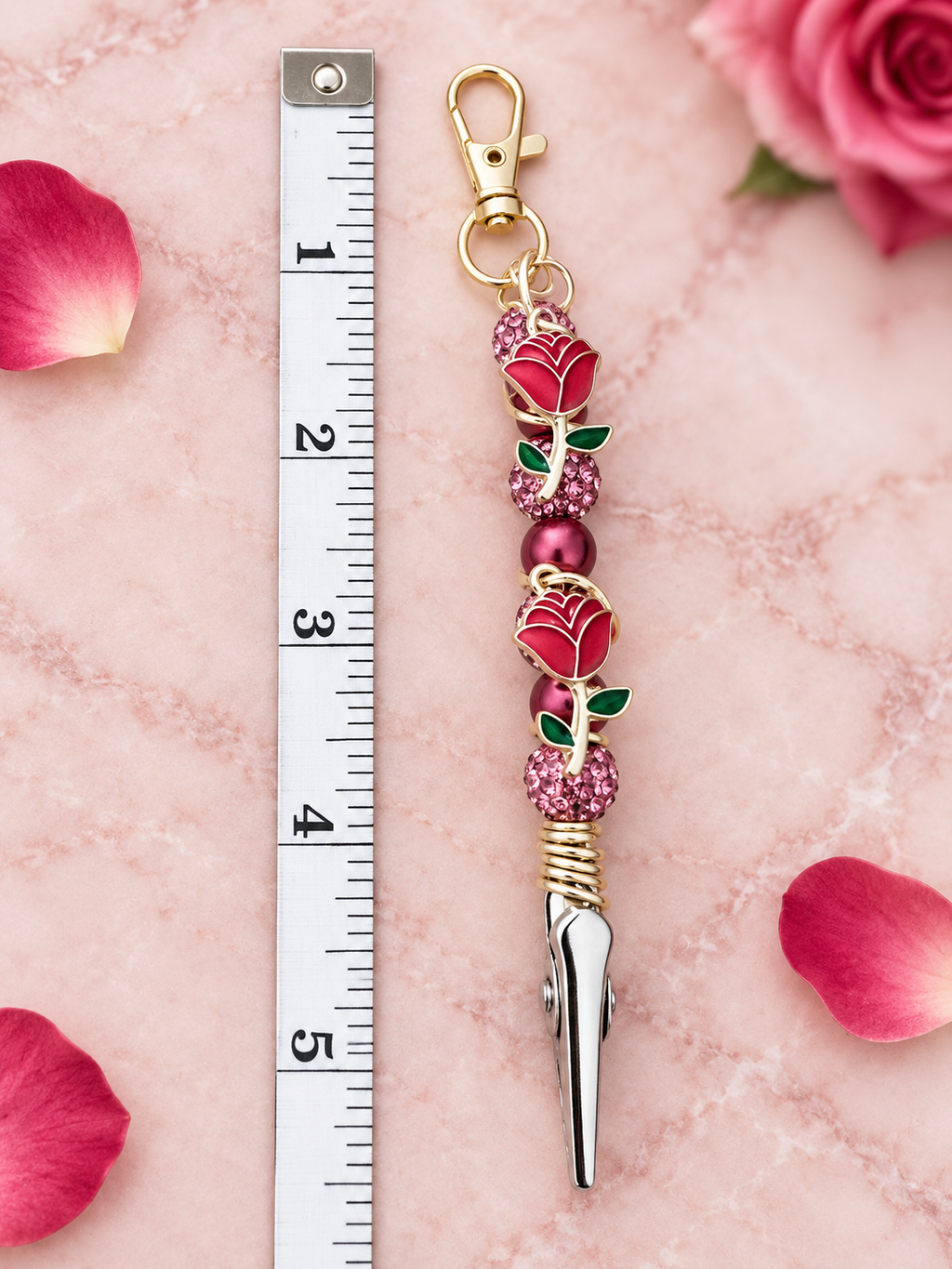 Rose ATM Card Grabber Clip – Long Nail Credit Card Puller – Bracelet Helper Tool – Pink Beaded Purse Charm Keychain – Gift for