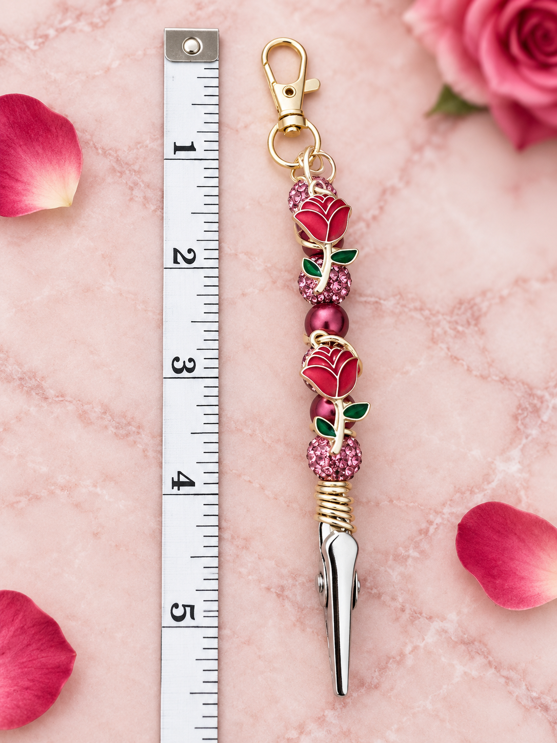 Rose ATM Card Grabber Clip – Long Nail Credit Card Puller – Bracelet Helper Tool – Pink Beaded Purse Charm Keychain – Gift for