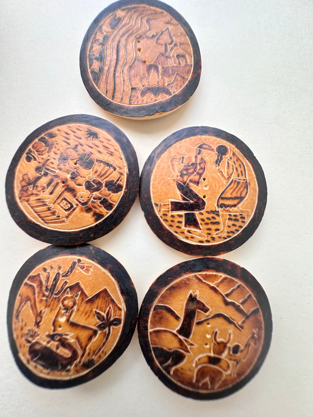 Vintage Carved Pictorial Buttons Set of 5 Scenic Animal Village Designs Estate Find Collectible Sewing Buttons